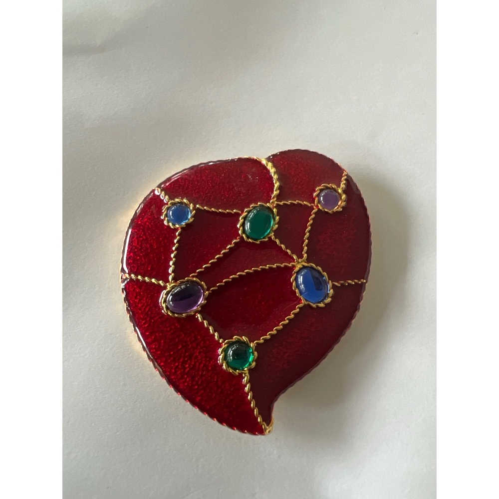 Gold Tone and Red Foil Enamel Heart Shaped Pocket Mirror